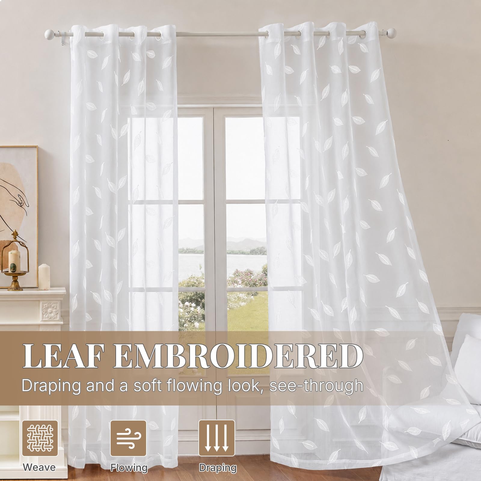 Rideau Voilage 2 Pièces 140x300cm, Semi-Transparent Moderne Rideaux, Ntérieurs Rideau Voile Brodé, D'intérieur Rideaux Décoration À Oeillets, pour Chambre Salon, Blanc