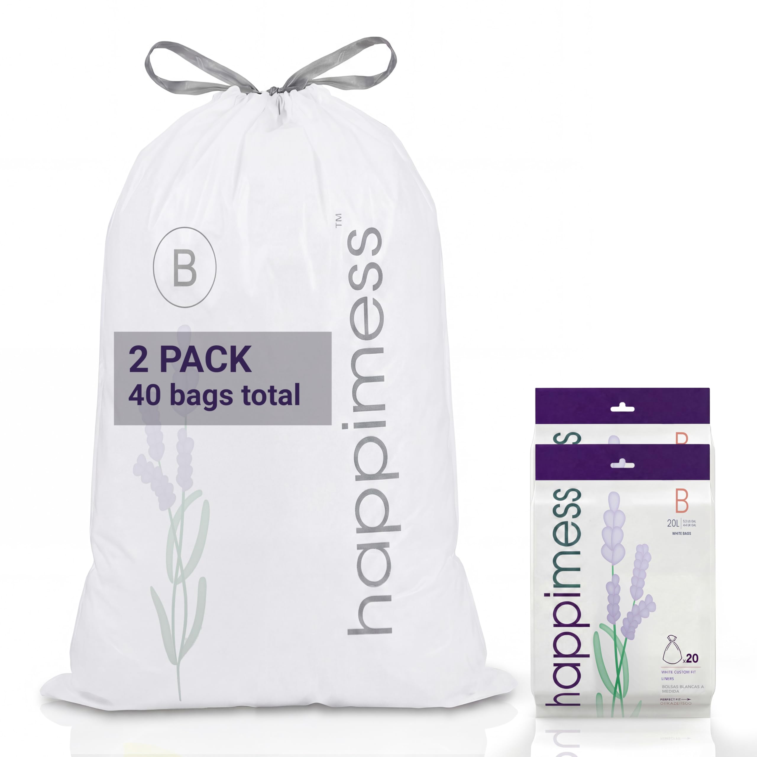 happimess White (Lavender Scented) / 40 Count (Pack of 1) / 5.3 gallons Trash Bags