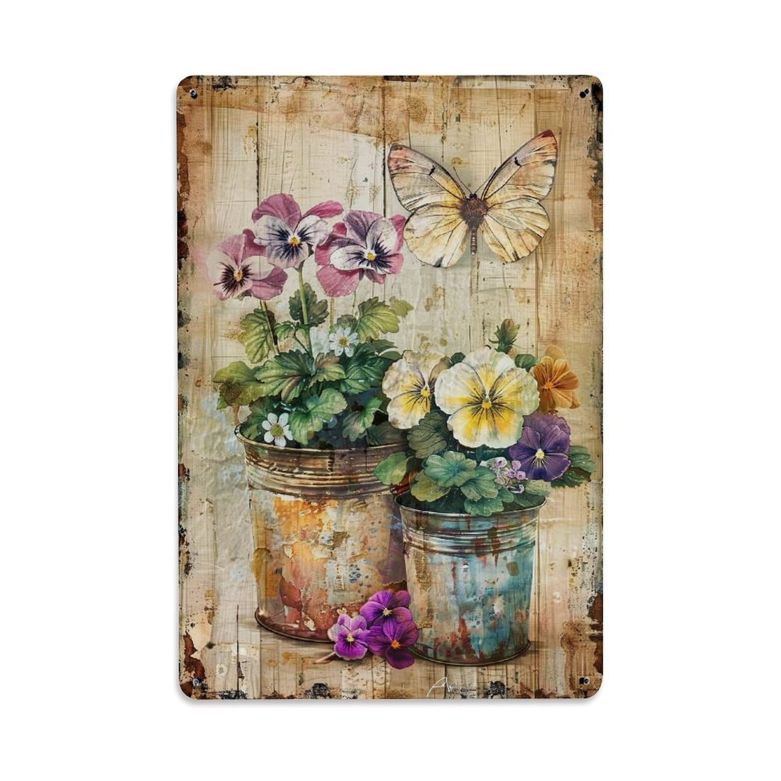 Jdfenggu Vintage Floral Pansies Butterflies Rustic Tins Retro Metal Tin Sign, Decor Art Poster For Bar, Home, Man Cave, Kitchen, Laundry Room Gift 8X12inch