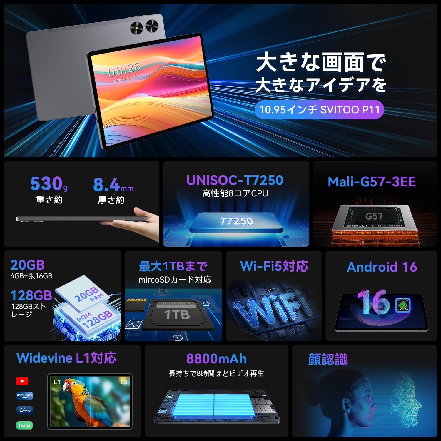 Amazon.co.jp: Android 16 Tablet, 11 Inch, SVITOO P11 Wi-Fi Model