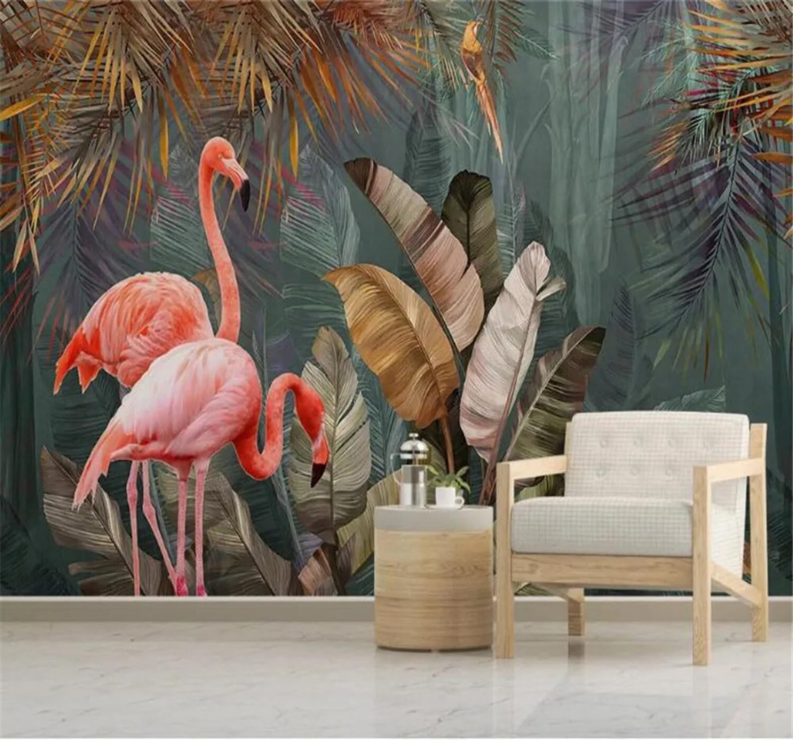 Tzxztt Minimalist Tropical Plants Forest Flamingos Modern 3D Wallpaper Premium Textured Silk Neutral Tones Material Ideal for Living Room Bedroom-400cm×280cm