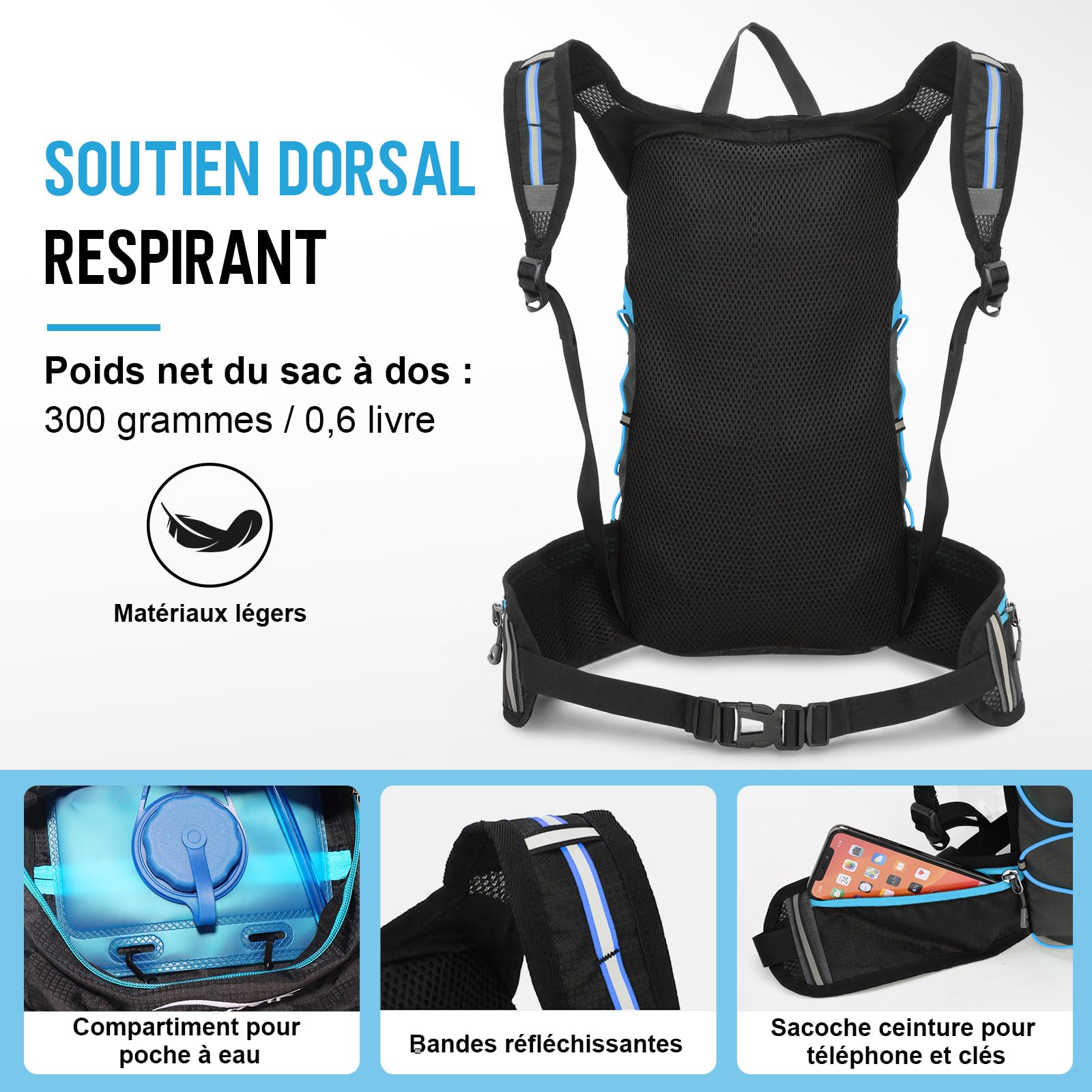 JIANYANA Sac à dos d'hydratation, pliable, noir, 3 l, 550 g, convient pour le cyclisme et la randonnée, bleu roi