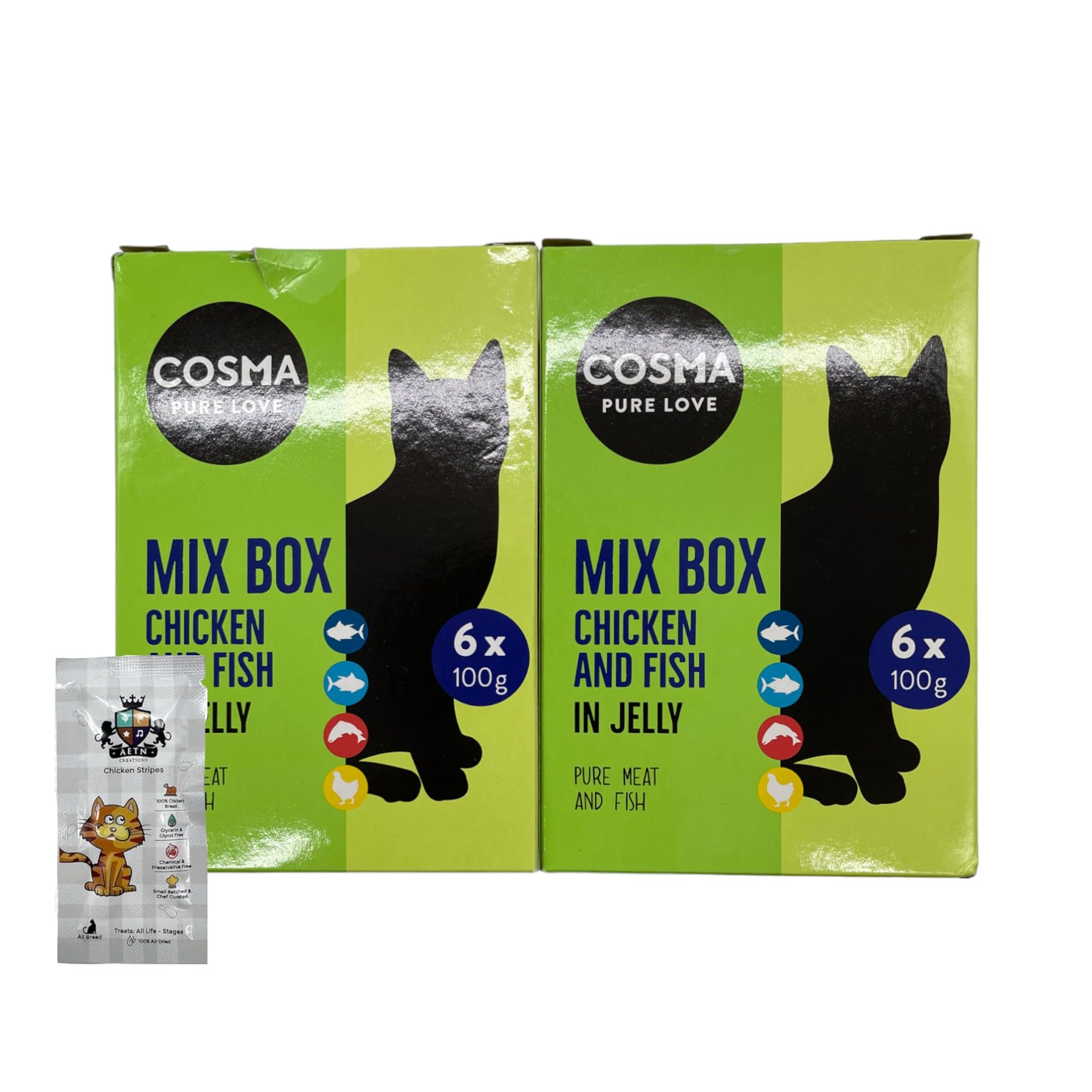 AETN Creations Cosma Pure Love Original Wet Cat Food Bundle Pack Chicken and Fish in Jelly 12x100g complete with AETN Cat Treat