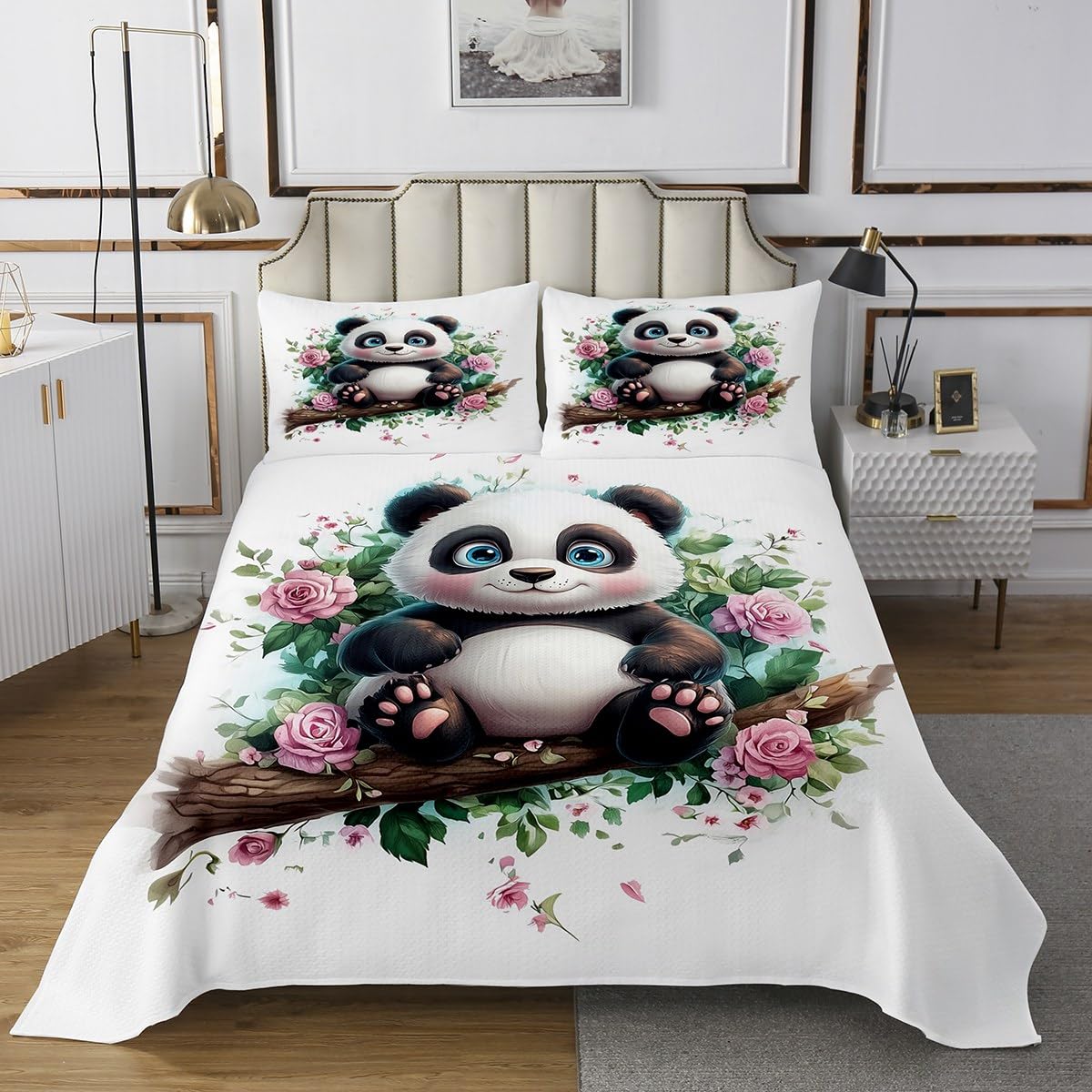 Manfei Cute Panda Bedspread King Size, Watercolor Flower Leaves Coverlet Set 3pcs, Cartoon Animal Theme Quilted Coverlet with 2 Pillowcases, Kids Boys Girls Room Decor, Soft Bedding Quilt