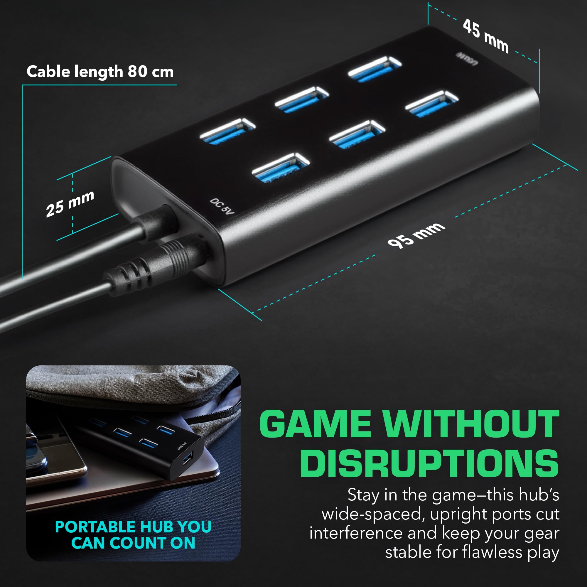 Rebuff Reality 7 Port USB Hub, Dongle USB 3.0 Hub für drahtlose Störungsreduzierung für Gaming, stabile Verbindung & verzögerungsfrei für Maus, Tastatur, Headset, kompatibel mit PC, Mac, Xbox