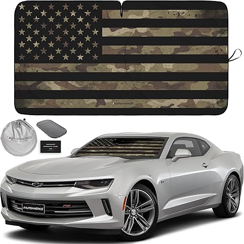 Autoamerics Parasol para parabrisas de 1 pieza, diseño de camuflaje oscuro, bandera estadounidense, plegable, para la mayoría de los sedanes, SUV,