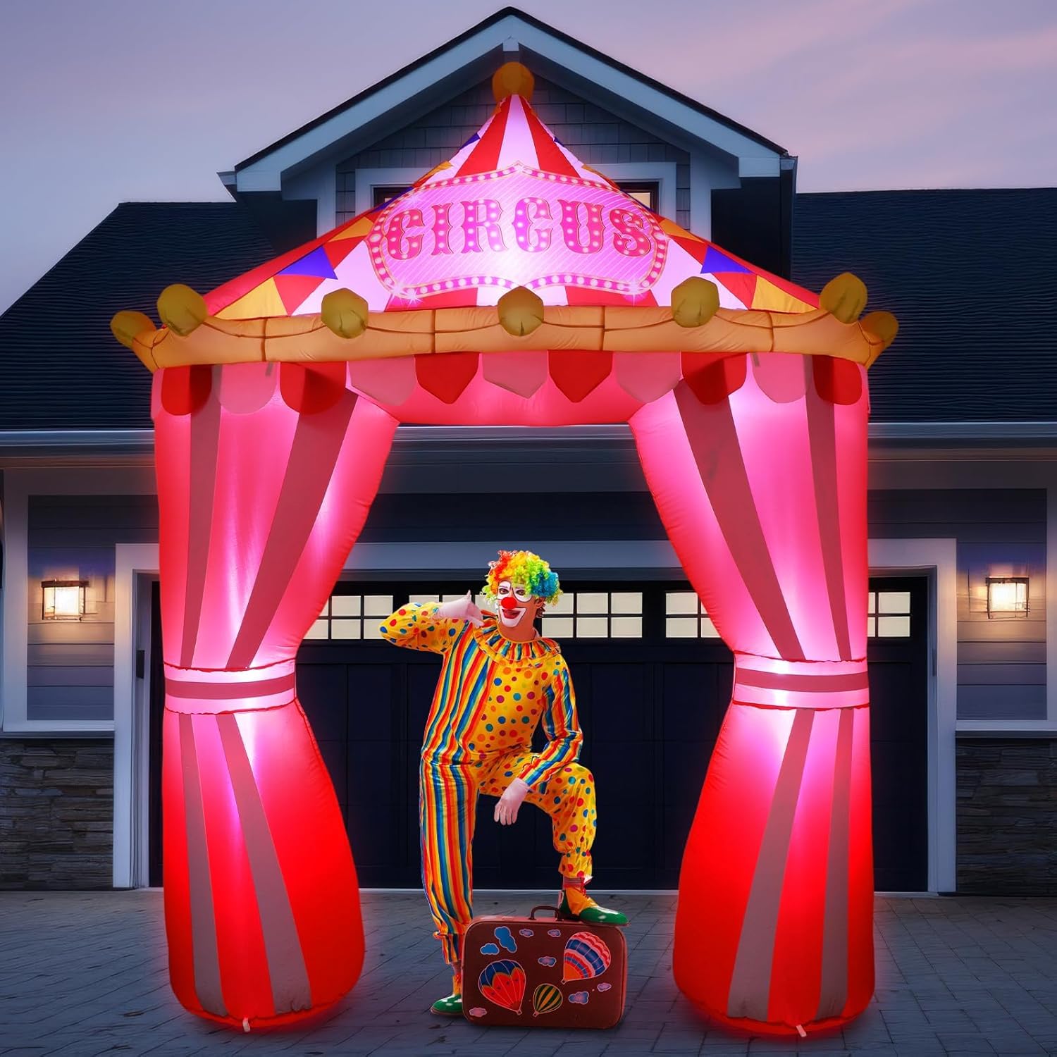 10ft Circus Party Decorations Inflatable Arch Blow up Tent Built in LED Lights Red and White Striped Archway for Circus Carnival Theme Birthday Party Decoration Outdoor Yard Garden Halloween Decor