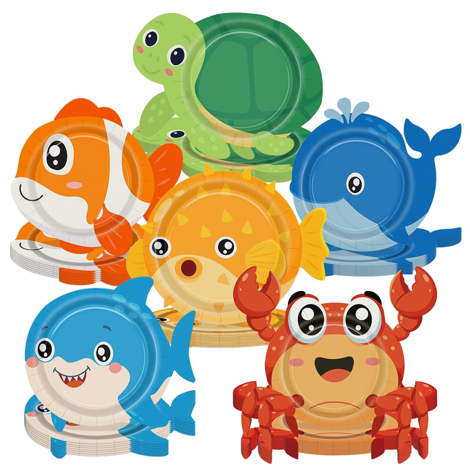 60 Pcs Sea Animal Paper Plates, 7" Ocean Animal Tableware Under the Sea Party Supplies with Sharks Whales Turtles Clownfish Globefish Crabs Plate for Kids Birthday Party Baby Shower Decorations