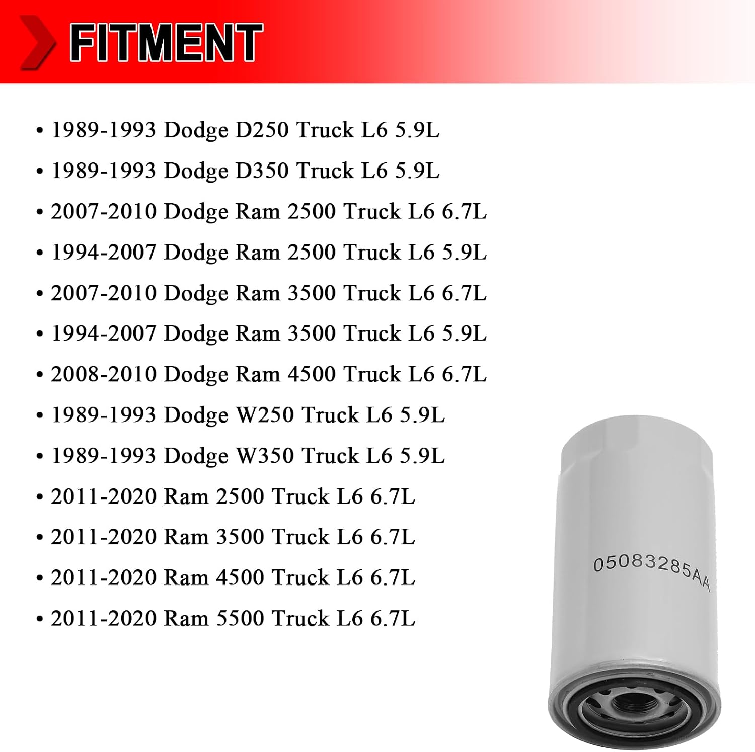 05083285AA Oil Filter Replacement for Ram Truck 2500 3500 4500 5500 Cummins 5.9l 6.7l Diesel Engine, Replaces # 5083285AA, MO-285, LF16035, Pack of 1