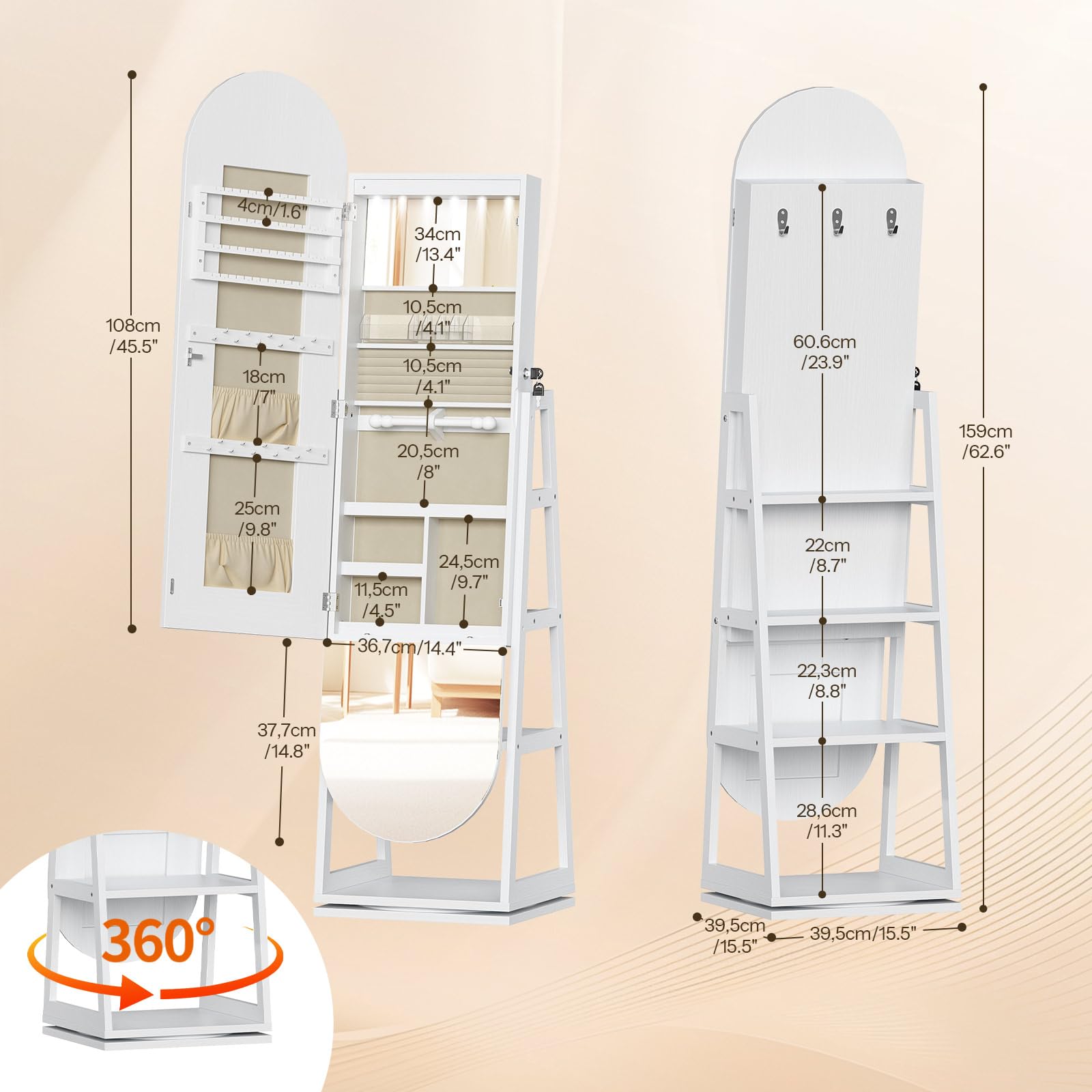HOOBRO Armoire à Bijoux Pivotante à 360° avec Miroir