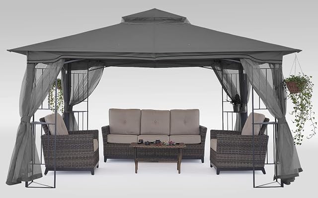 MASTERCANOPY Patio Outdoor Gazebo with Netting Screen Walls and Corner Shelf Design (3.3x3.3,Gray)