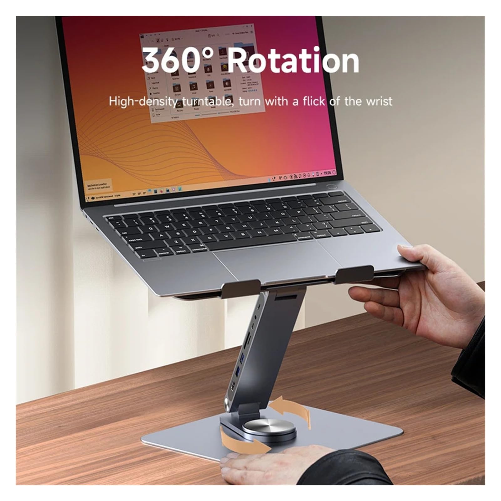 Supporto for laptop con dock USB-C, supporto in alluminio girevole a 360° | Supporto for laptop+dock USB-C, rotazione a 360°, HDMI 4K, ricarica PD, alluminio ergonomico