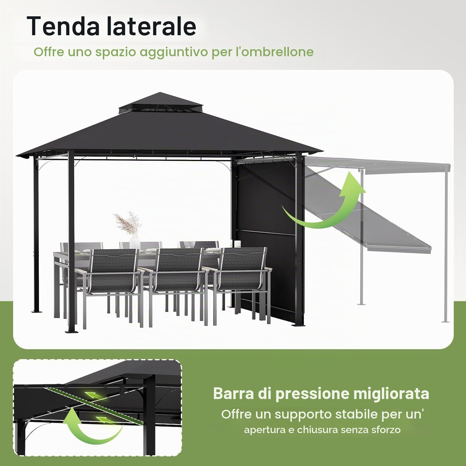 TRIUMPHKEY Gazebo 3 x 3 m, espandibile fino a 3 x 4,8 m, gazebo da giardino con doppio tetto e 3 parti laterali, tenda da sole regolabile protezione solare pergolati da giardino tenda da giardino per