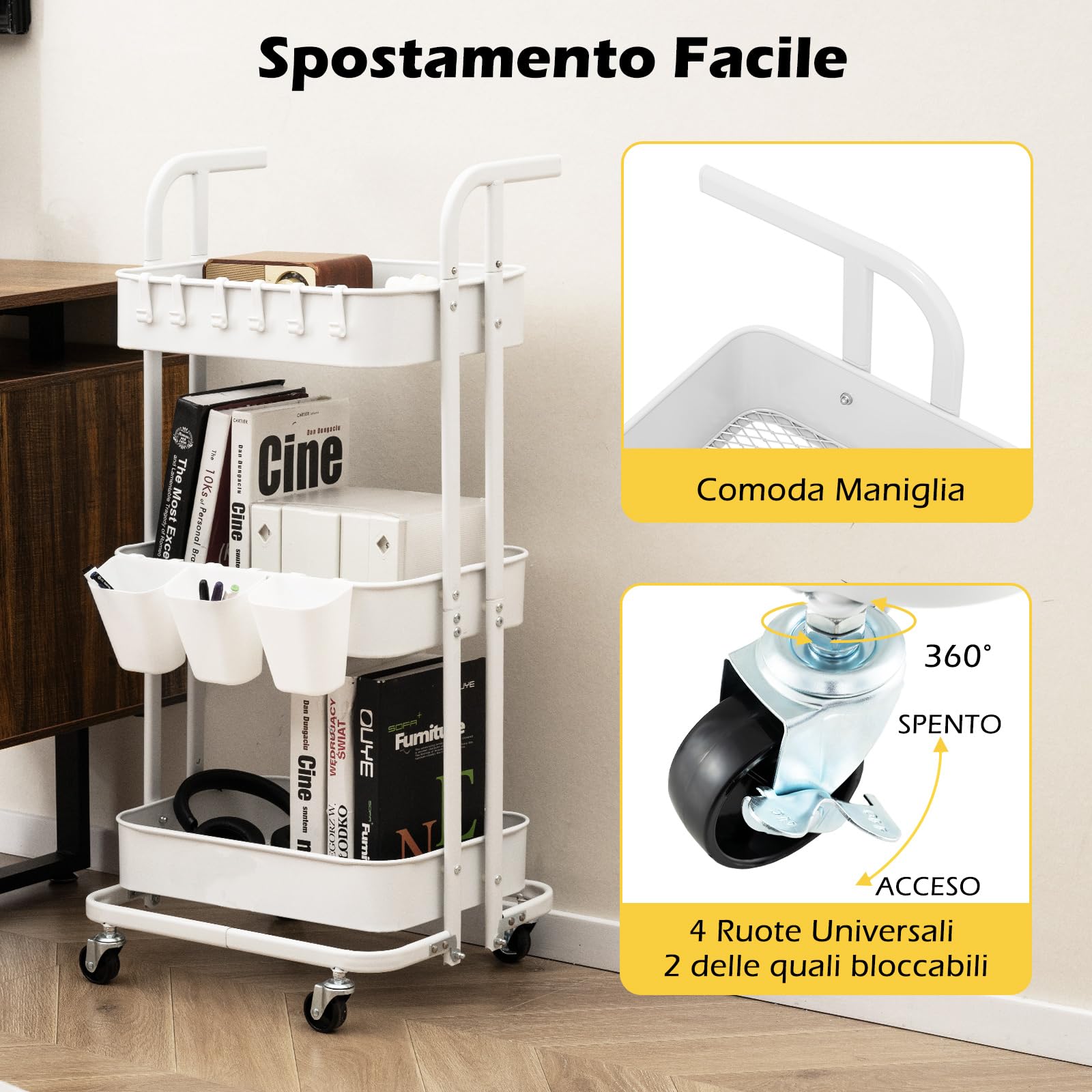 RELAX4LIFE Carrello di Stoccaggio Pieghevole a 3 Livelli, Carrello da Cucina con 3 Portabicchieri Appesi, 6 Ganci, Ruote Bloccabili, Carrello da Servizio per Cucina, Soggiorno, Sala da Pranzo