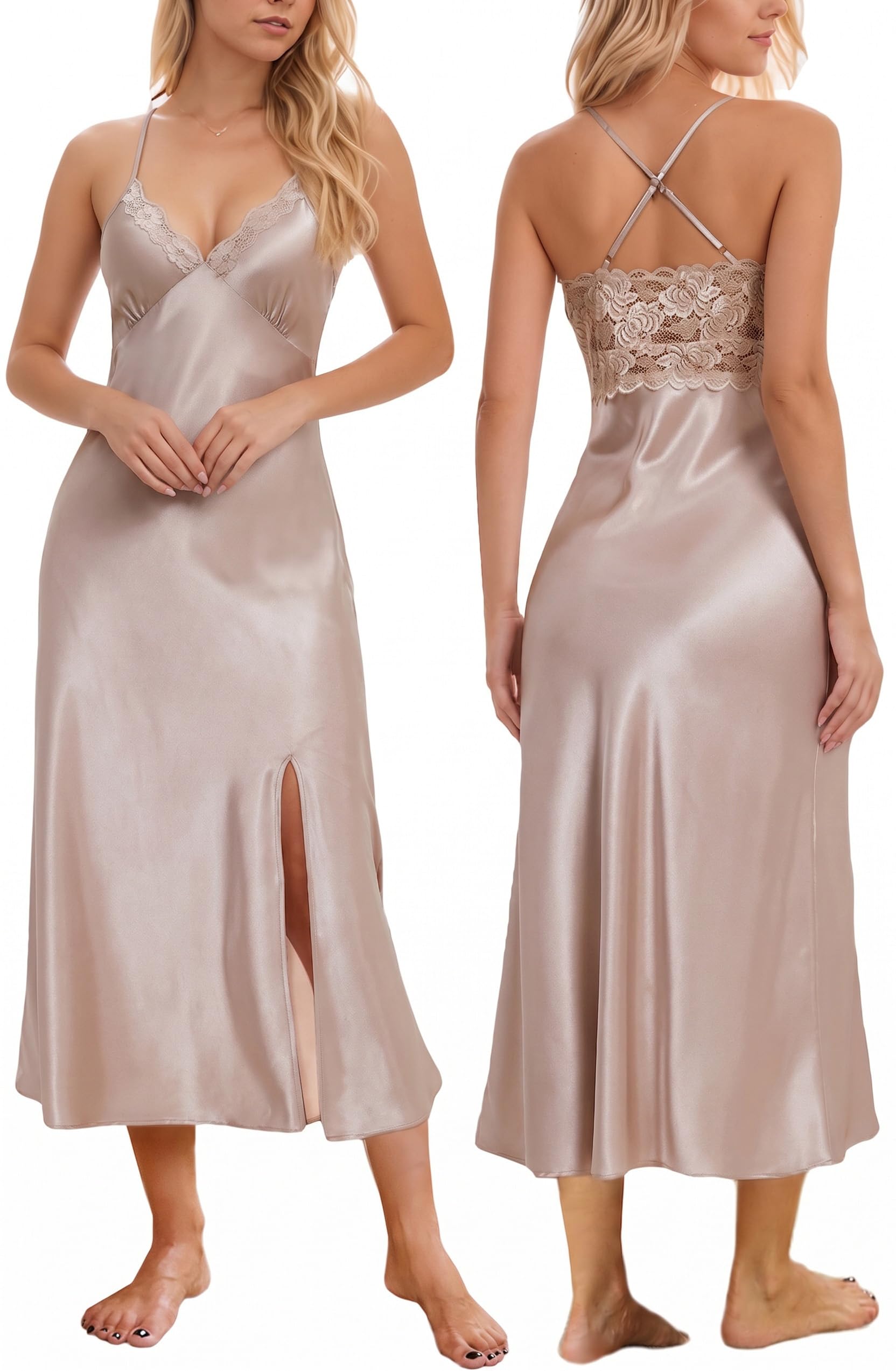 ALCEA ROSEA Camicia da notte da donna in raso di seta sexy in pizzo sottoveste lingerie lunga pigiama sottoveste per le signore