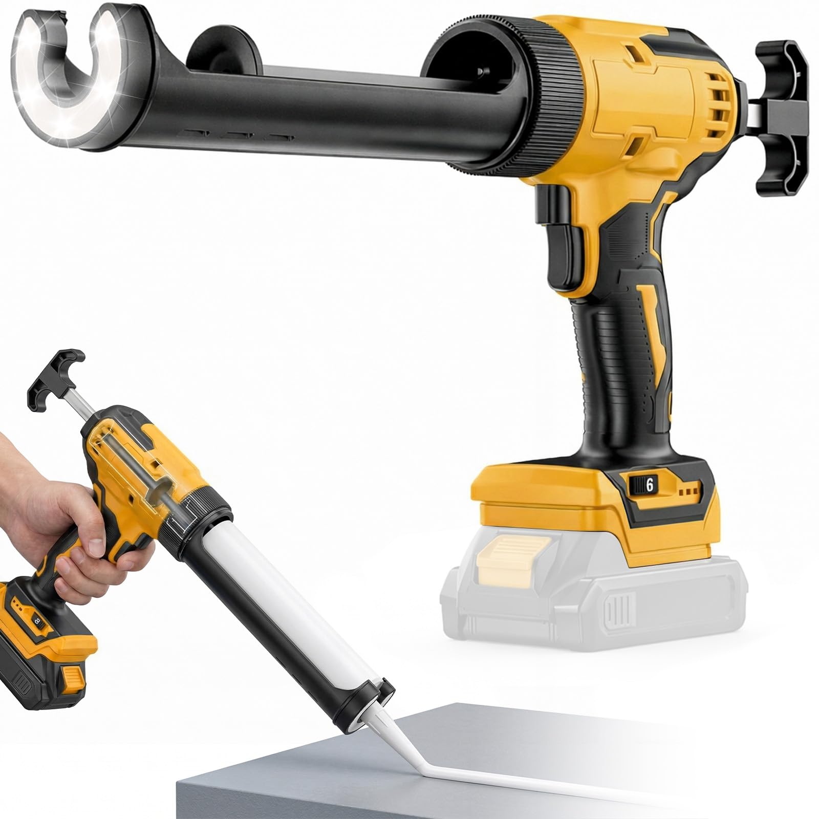 Akku Kartuschenpresse Kompatibel mit Dewalt Akku 18-20V - Elektrische Kartuschenpistole mit LED-Licht, 6 einstellbare Geschwindigkeitsstufen, für 300ml Heißklebestifte (Ohne Akku)