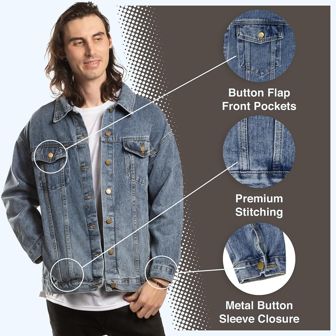 Classic Denim Jacket for Men Oversized Light Blue Wash Long Sleeve Button Down Casual Coat S - 2XL