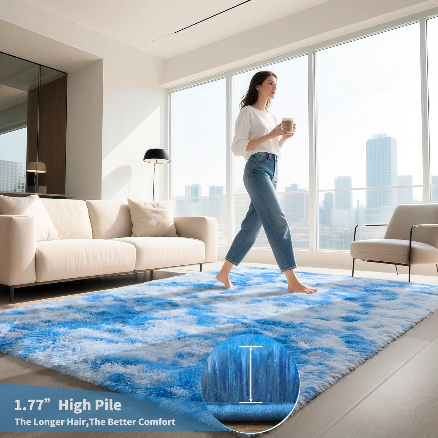 HQAYW 4x6 Area Rugs for Living Room, Blue Tie-Dyed Ultra Soft Fluffy Washable Non-Slip Rug, Plush Shaggy Modern Indoor Carpet for Kids Girls and Boys Dorms Nursery Bedroom Office Home Decor