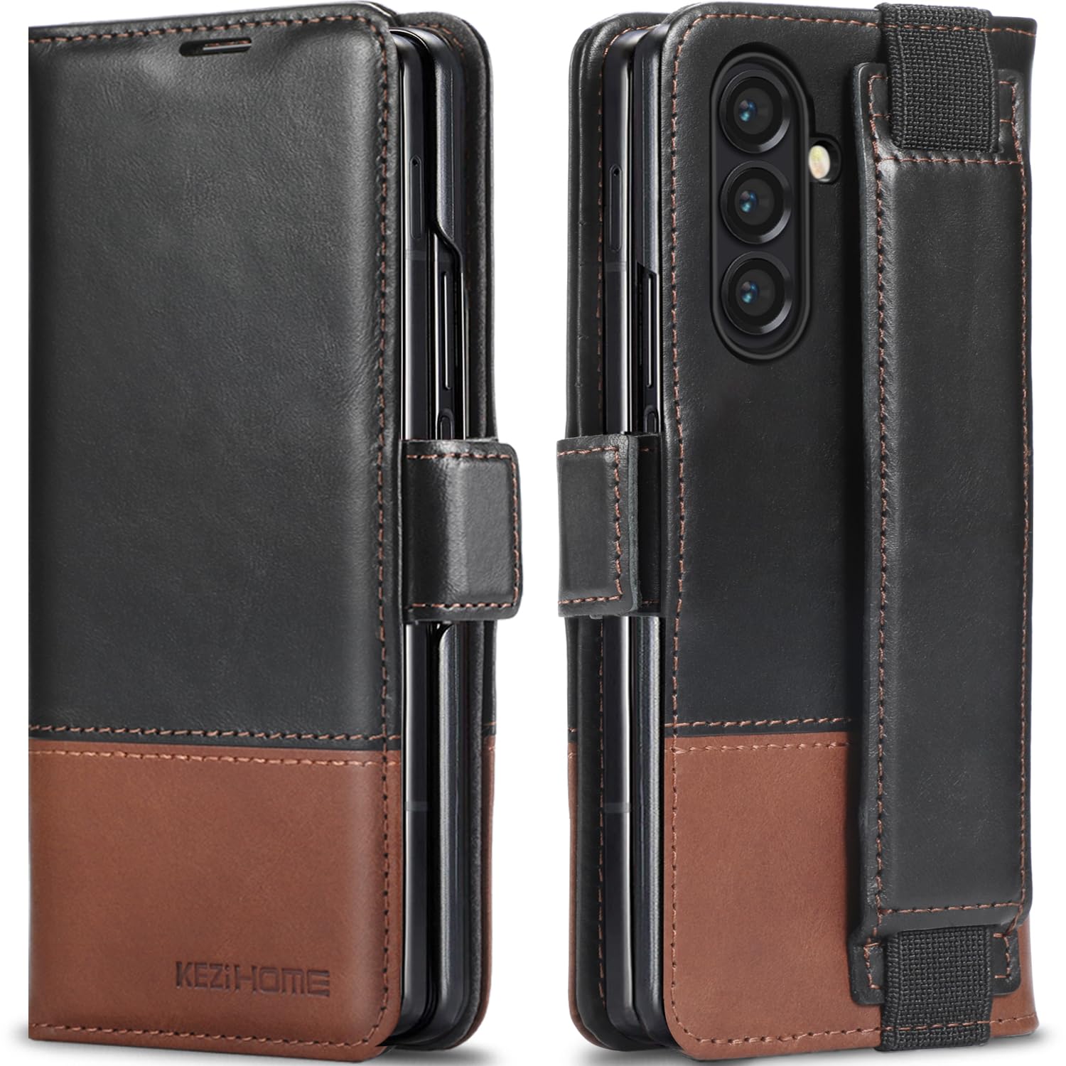KEZiHOME Genuine Leather Wallet Case for Samsung Galaxy Z Fold 7 | Black/Brown, Wallet Ca…