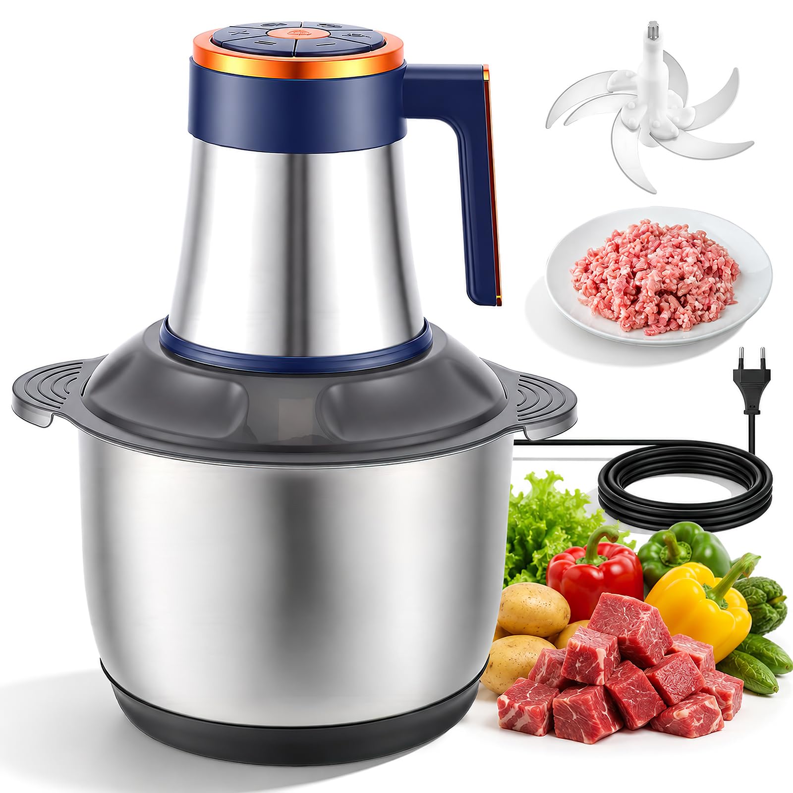 Tritatutto elettrico da cucina, 500 W, 5 l, in acciaio inox, tritacarne elettrico con 7 velocità e 6 lame, tritacarne per carne, cipolle, verdure, tritacarne universale 5 in 1
