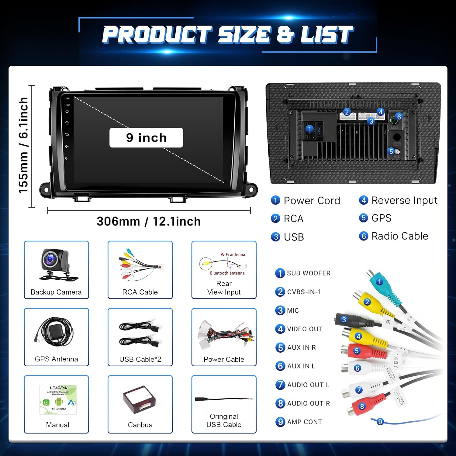 Leadfan Android Car Stereo components and dimensions