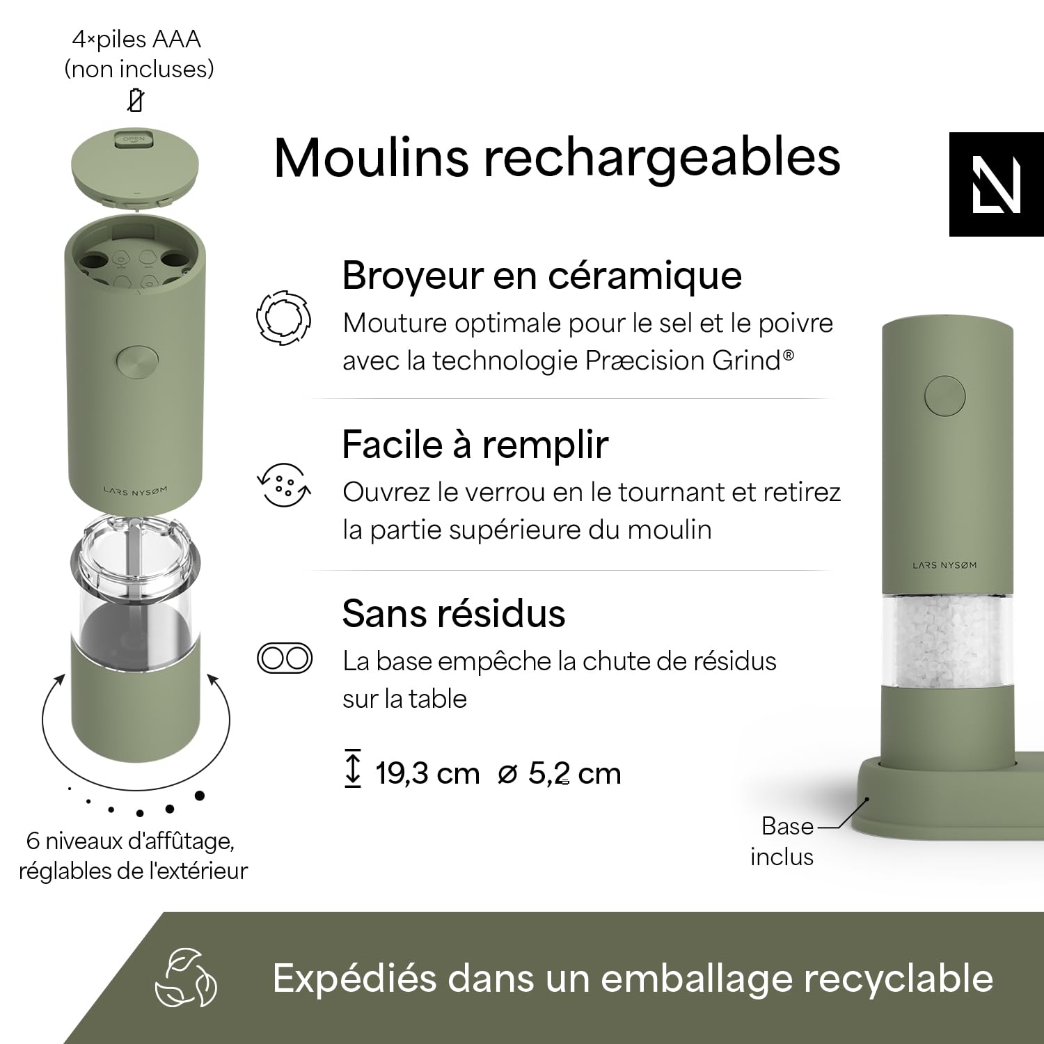 LARS NYSØM Moulin à Sel et Poivre Électrique | Set Automatique avec Moulin Céramique Réglable | Moulin à Épices Électrique Fonctionnant à Piles (Sage Green)