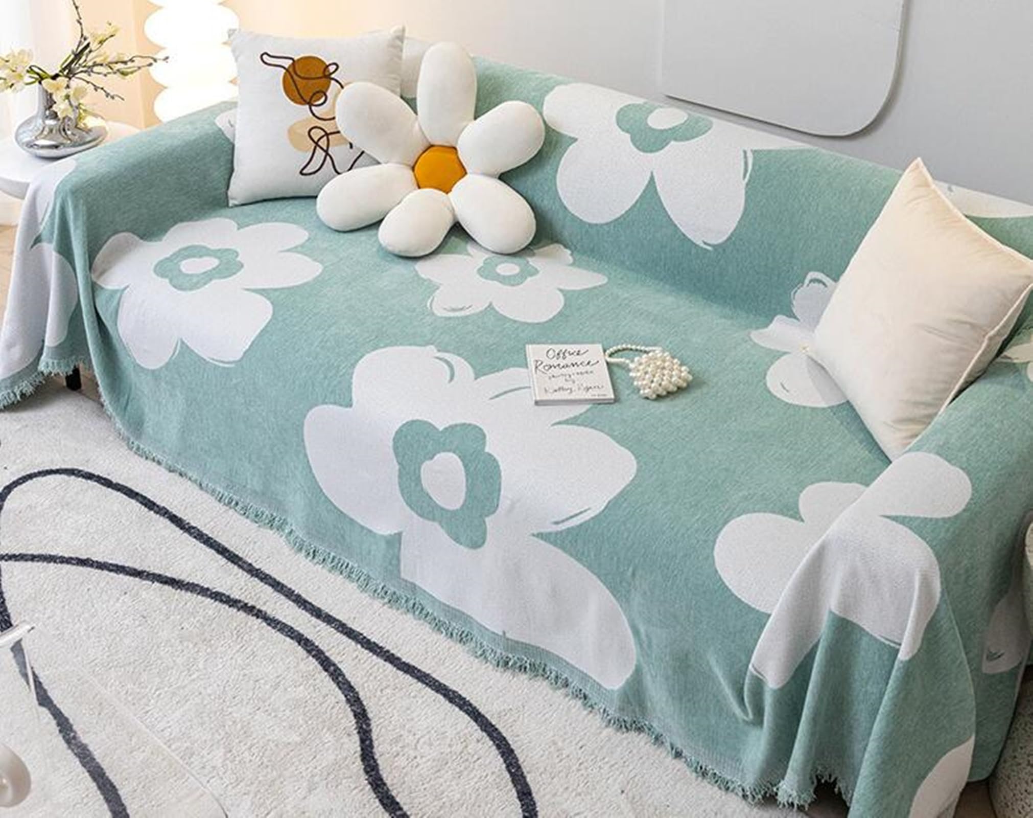 Plaid Couverture Canapé, 180x380CM, Convient à 4 Places, Motif Fleurs à Franges, Vert Clair, Housse de Canapé Chenille Protection, Anti Griffe de Chat