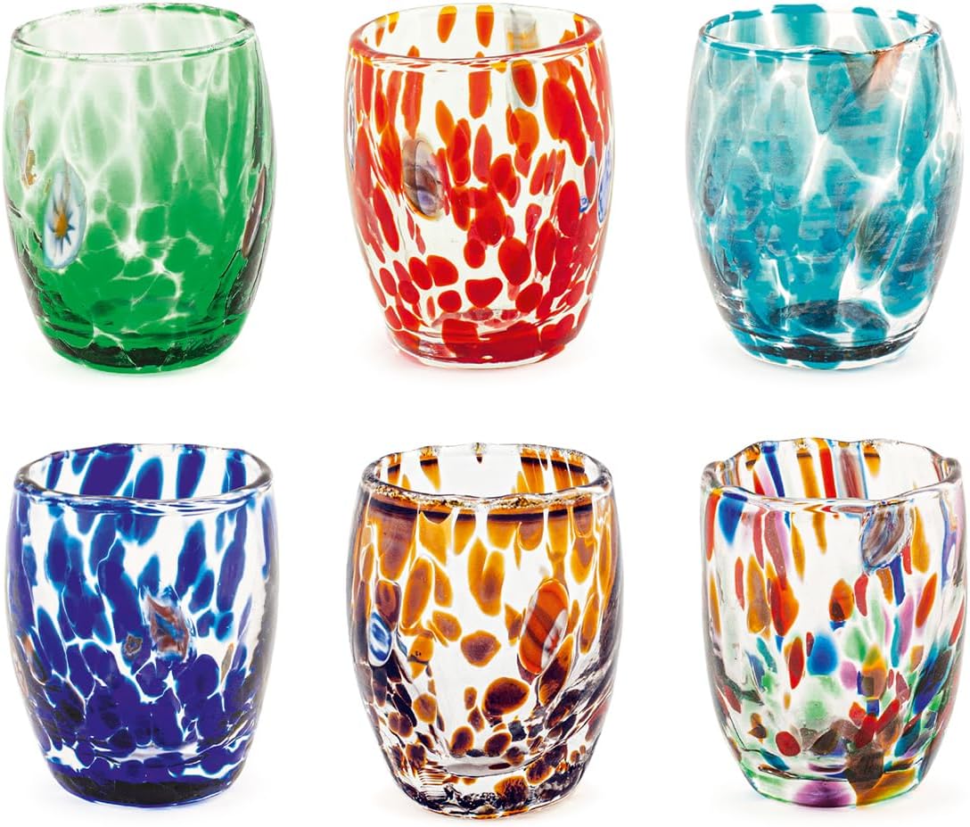 H&H Veneziano Set of 6 Glass Glasses, Multicoloured, cl 5, Made According to The Murano Masters Technique, Hand Made in Italy