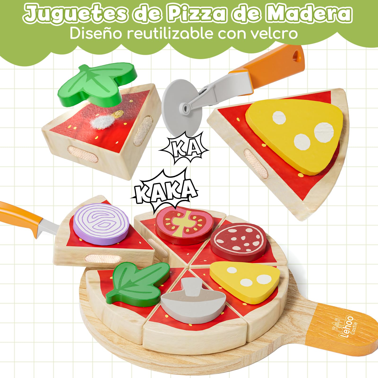 Lehoo Castle Comida Juguete Cocinita, Accesorios Cocina Juguetes, Pizza de Madera, Cocinita de Madera Infantil, Juguetes Niña 3 Años