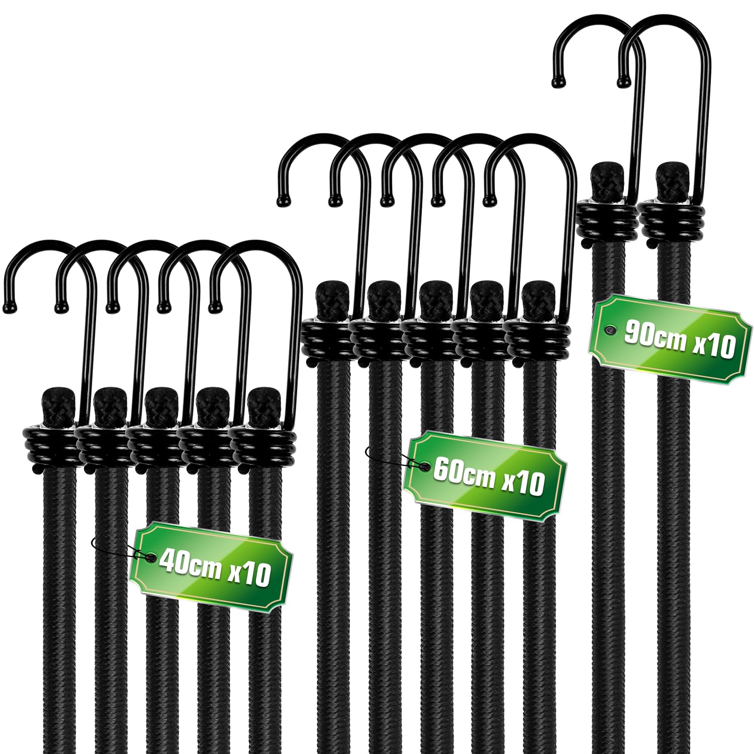 Ginkgo Black 24 Pack Bungee Cords With Hooks Super Value, 35Kg Max Load Bungee Straps, Long Short Mix Elastic Cord For Camping, Outdoors, Luggage, Tents, Bikes