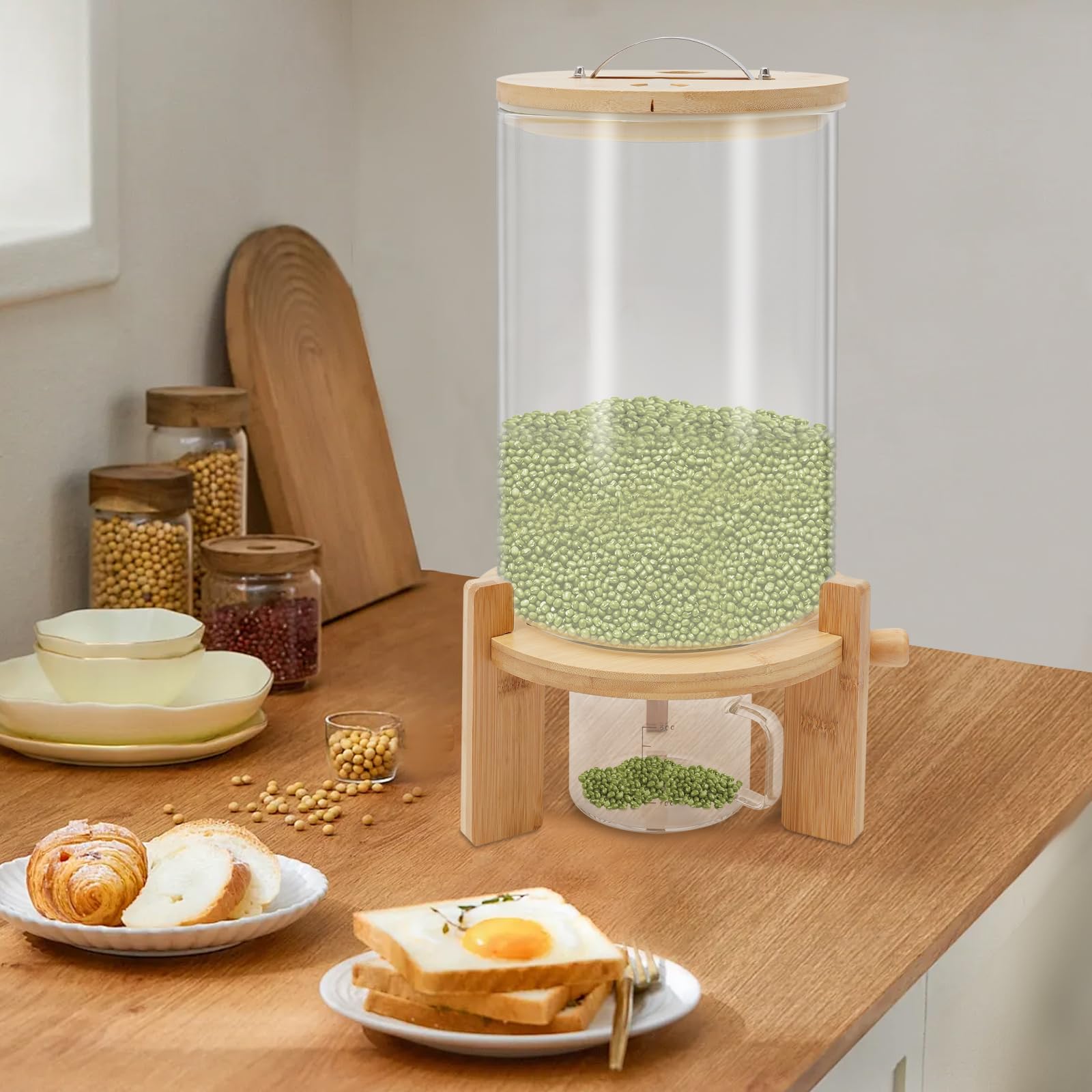 Dispenser per cereali in vetro 7,5 l coperchio in bambù con supporto in legno e vetro dosatore, dispenser per cereali, vassoio per riso ermetico per farina avena leguminosa cucina, altezza 45 cm