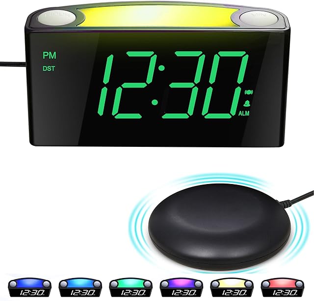 Loud Vibrating Alarm Clock for Heavy Sleeper/Deaf/Hear Impaired, Full Range Dimmer Alarm Clock with Bed Shaker, 7" LED Display, 7-Color Night Light, 2 USB Ports, Plug-In Clock & Battery Backup