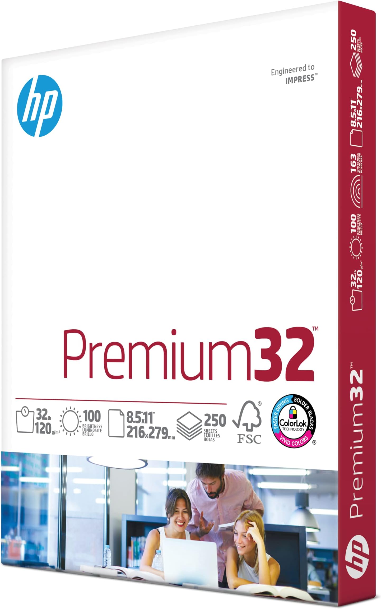 HP Printer Paper |8.5x11 Paper | Premium 32 lb | 1 Ream - 250 Sheets | 100 Bright | Made in USA – FSC Certified | 113500R