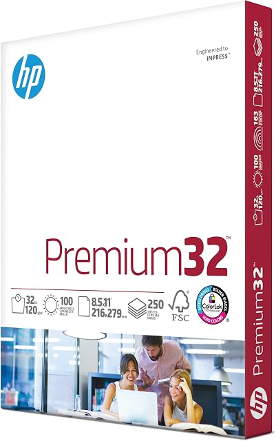HP Printer Paper 8.5x11 Premium 32 lb 1 Pack 250 Sheets 100 Bright Made in USA FSC Certified Copy Paper HP Compatible 113500R