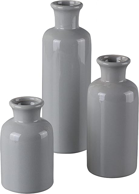 Flower Shinning Gray Vase for Decor Set of 3, Ceramic Rustic Vase for Decor, Modern Farmhouse Vase for Bookshelf, Living Room, Office