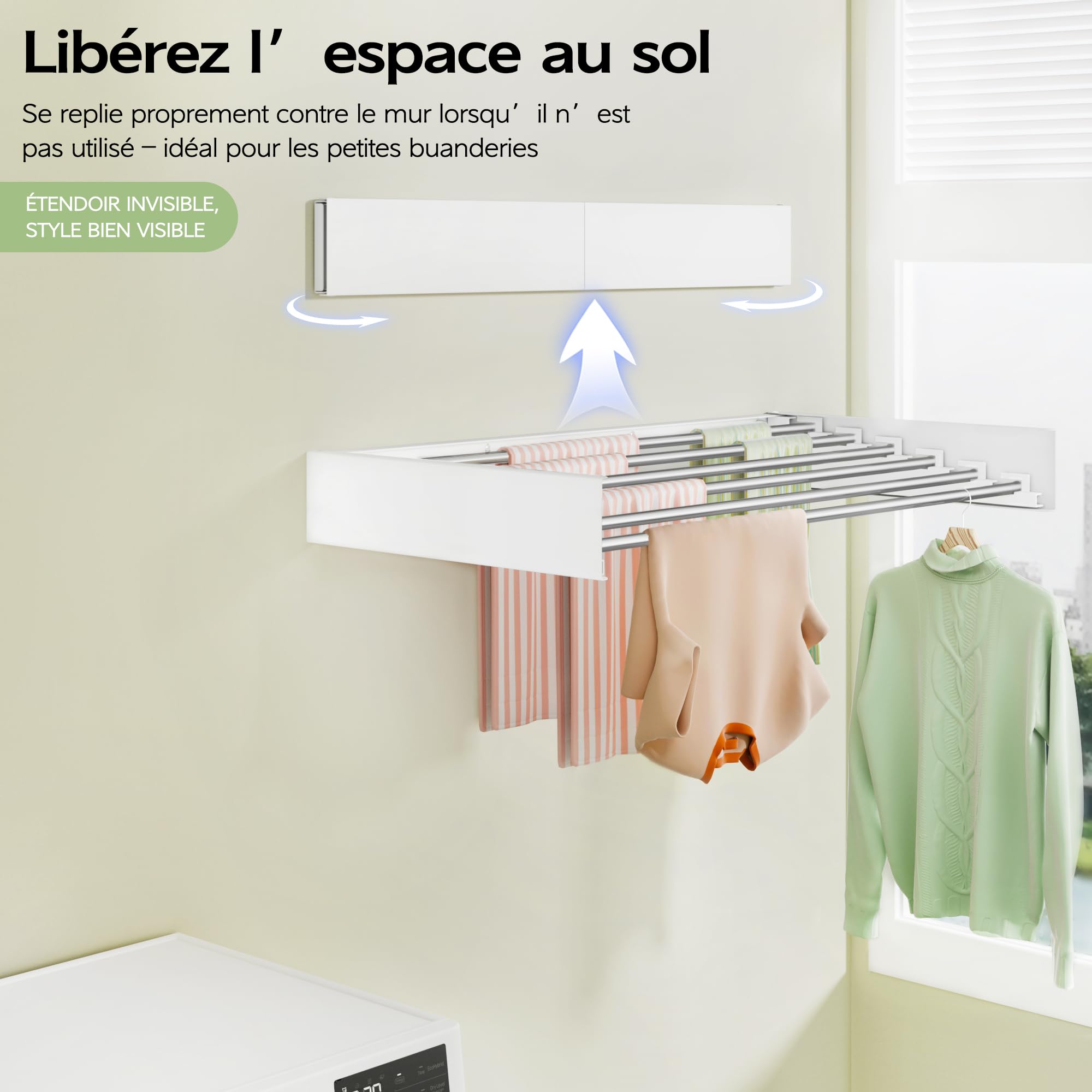 Vikaqi Étendoir à Linge Mural 100 cm, Séchoir Mural Pliable pour Intérieur, Séchoir à Linge Rabattable, Porte-Serviettes avec Gabarit de Perçage, 6 Barres, Blanc