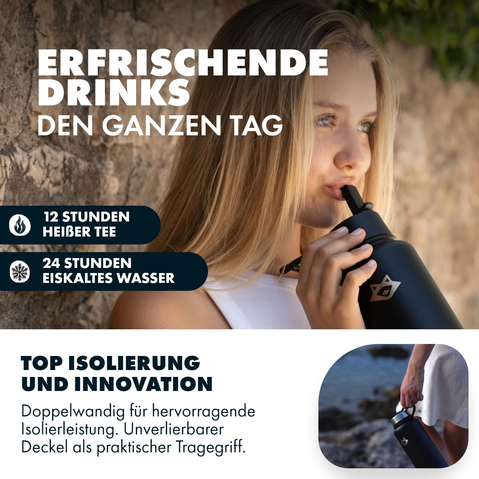 Edelstahl Trinkflasche mit Strohhalm 1L, BPA-frei, Thermo Trinkflasche mit Trinkhalm für Kinder & Erwachsene - Robuste Isolierflasche für Schule, Büro, Outdoor (Strohhalm Bundle, Schwarz)