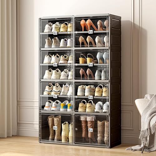 Miniatura 6 de Organizador de zapatos negro para entrada de armario, cajas de almacenamiento transparentes apilables para zapatos con puerta, fácil montaje,