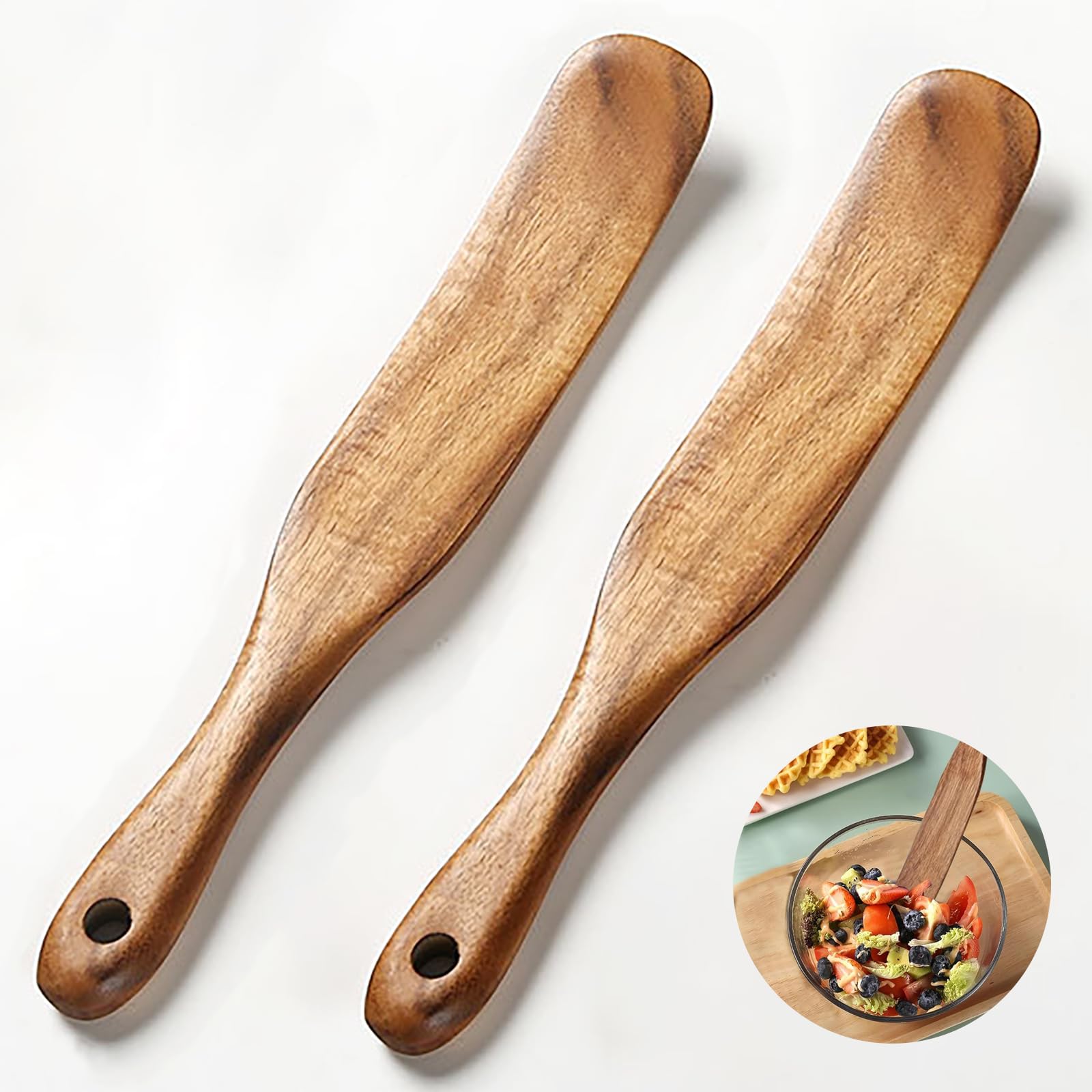 2 Pcs Teak Wooden Spatula for Sourdough - Multi-Purpose Mixing Spoon, Stirring Stick, and Jar Scraper - Durable Flat Spurtle for Bread Making, Cooking, and Non-Stick Cookware (2)