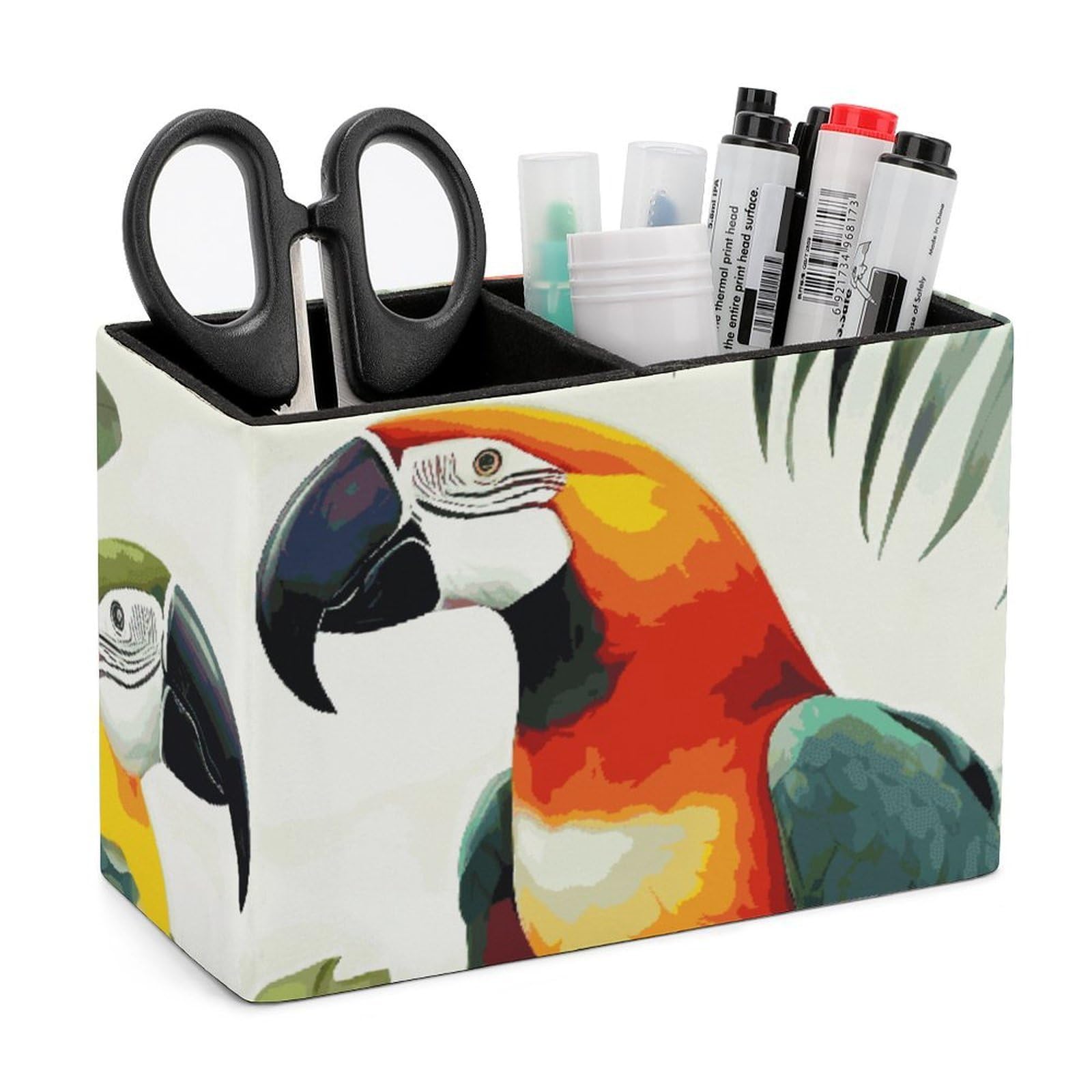 JTREHY Toucans Parrot Palm Tree Leaves Pencil Holder Exquisite Fashion Leather Pen Receptacle Soft High-End Pen Container for Office Home Accessories Or Housewarming Present