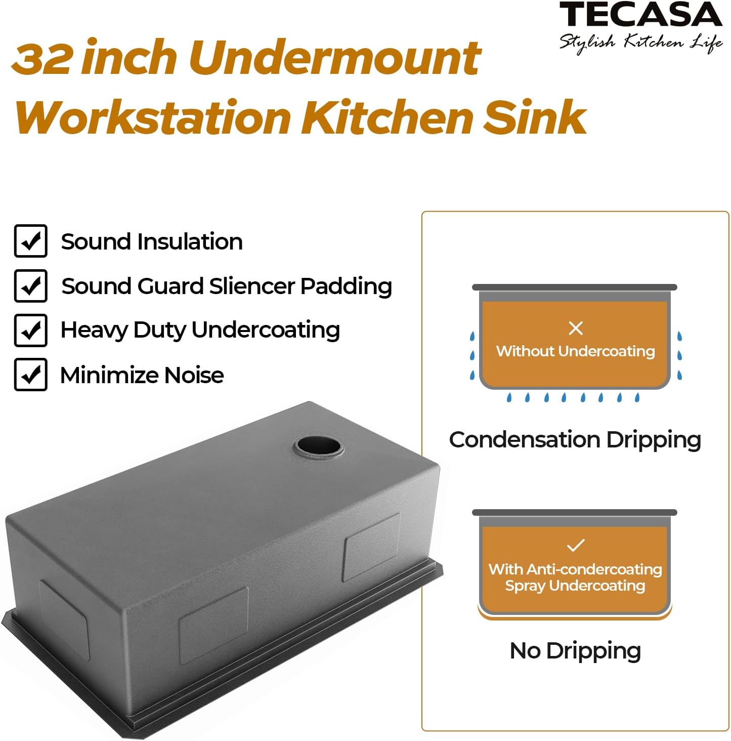 Diagram illustrating the sound insulation and anti-condensation features of the sink.