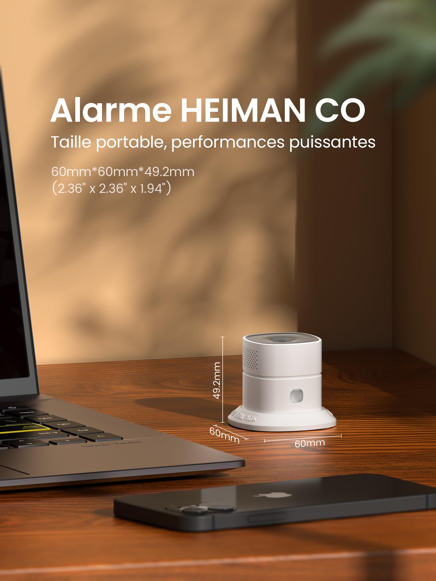 Heiman Mini détecteur de monoxyde de Carbone certifié en 50291 - Durée de Vie du capteur : 10 Ans - Bouton de Test - HS1CA