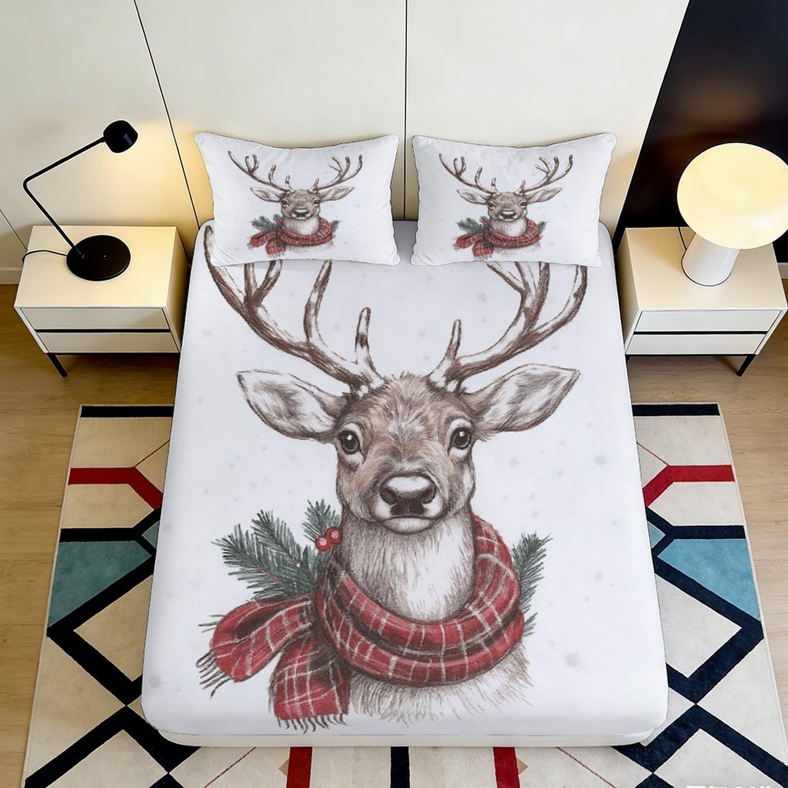 3D Printed Deer Design Fitted Sheet Microfiber Deep Pocket Non-Slip Elk Mattress Fitted Cover Washable for Bedroom Bedding 140x200x25cm