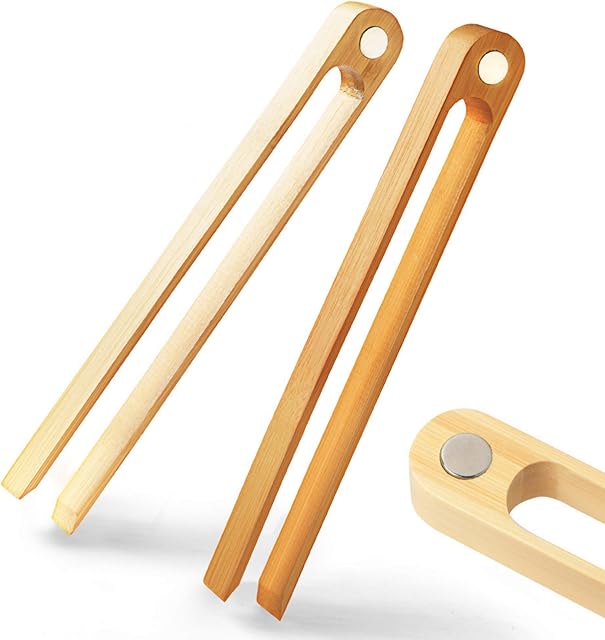 Magnetic Bamboo Toaster Tongs: 100% Natural 8.7 Wood Kitchen Toast Tongs| Eco-Friendly, Space Saving Modern Kitchen Accessory for Home Restaurant | Set of 2