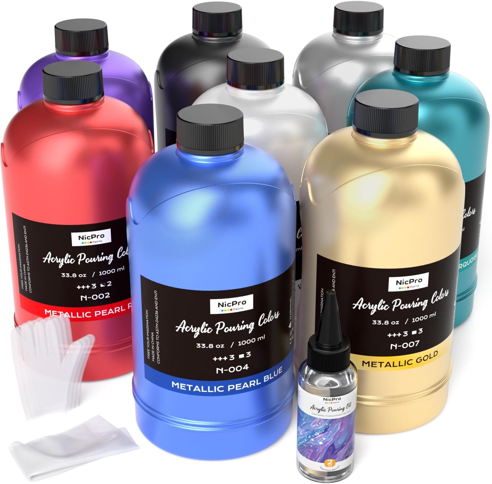 Nicpro 8 Colors Large Bulk Metallic Acrylic Pouring Paint Set (33.8 oz,1000 ml), Premixed High Flow Pour Paint Art Supplier Kit with Silicone Pour Oil, Gloves, Tablecloths for Beginner DIY, Ready to
