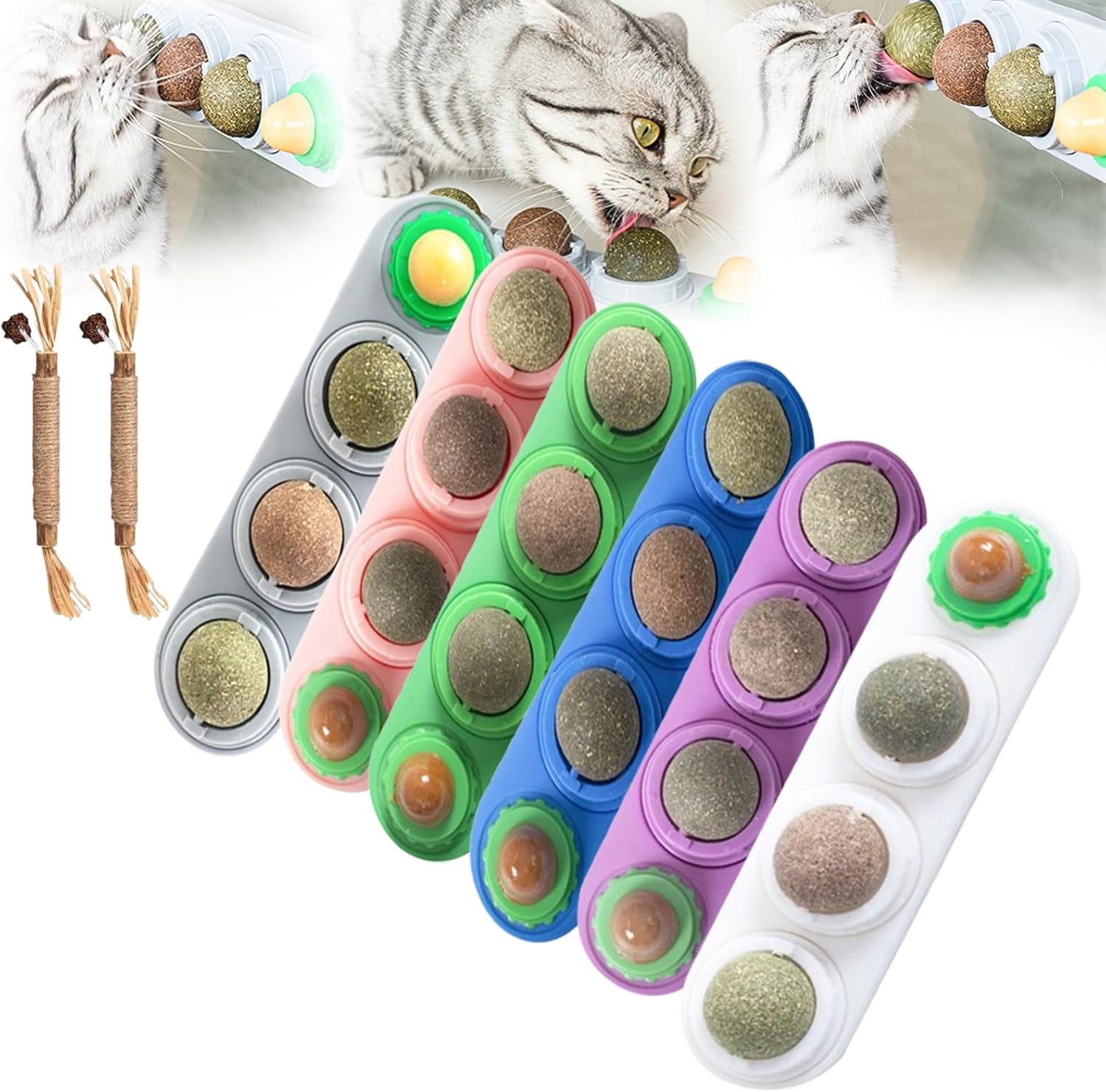 Catnip Wall Mount, Cat Nip Balls for Cats, 4PCS Catnip Balls That Stick on Wall, Cat Treat Lickable Walls Ball, Catnips Roller Ball Toy, Teeth Cleaning, Hairball Control (6MIX)
