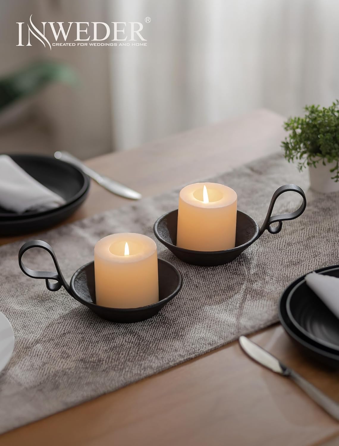 Iron Pillar Candle Holder: 4.6 in Gold Candle Plate Brass Pedestal Stand Vintage Decorative Tray for 3 Wick Jar Candles Tealight Votive Table Home Christmas Set of 2 (Black-with Spike, 2 Pcs)