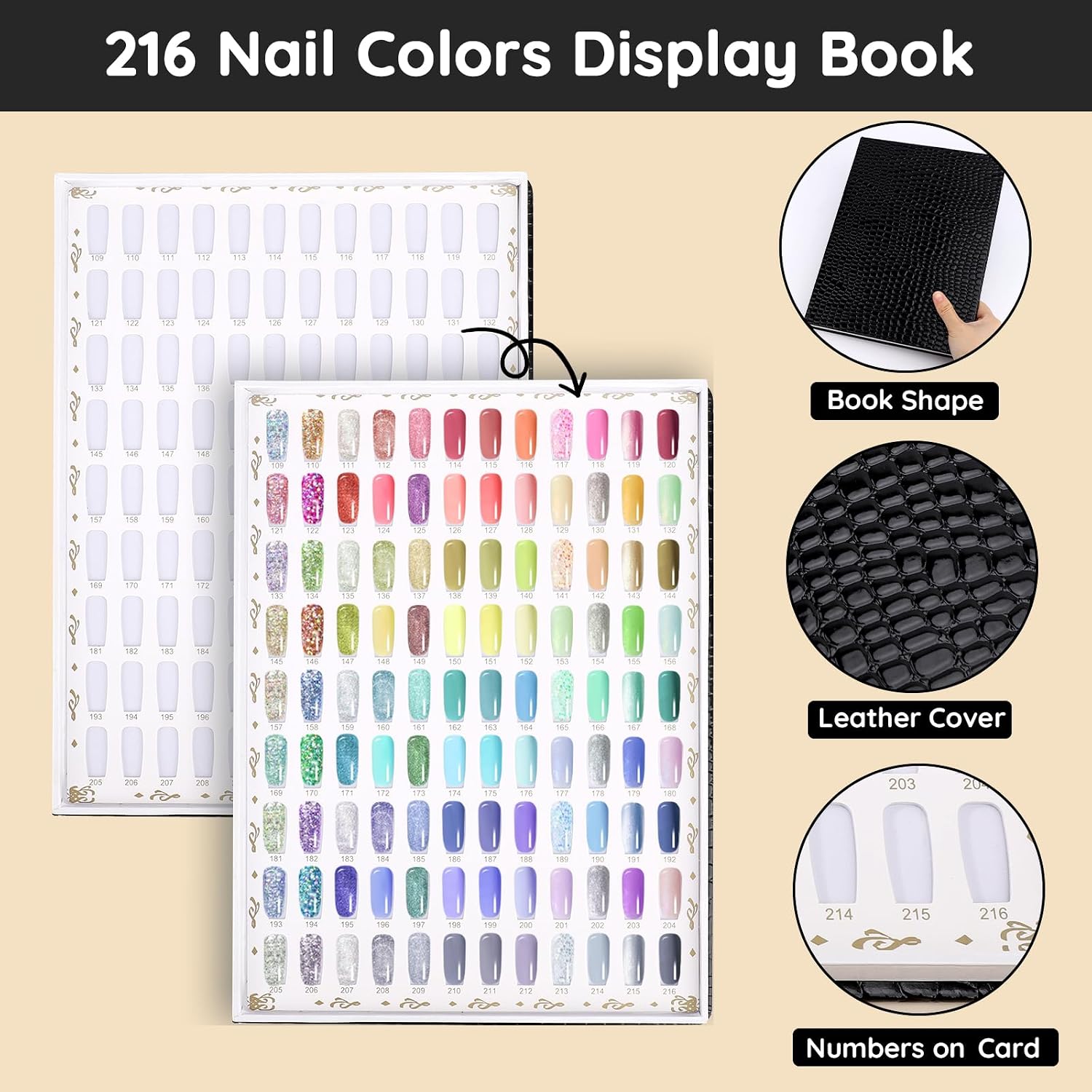Segbeauty 2 Pack of 216 Colors Nail Gel Display Chart, Nail Polish Sample Showing Board with 480 False Tips, Leather Fingernail Color Display Book Nails Polish Organizer Nails Practicing Design Chart