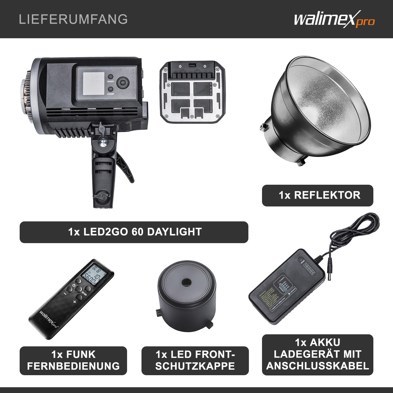 Walimex pro LED2Go 60 Daylight lampa wideo LED 60 W z akumulatorem, stałe światło studyjne z mocowaniem Bowens S-Type, nowoczesna technologia COB, idealna do fotografii studyjnej