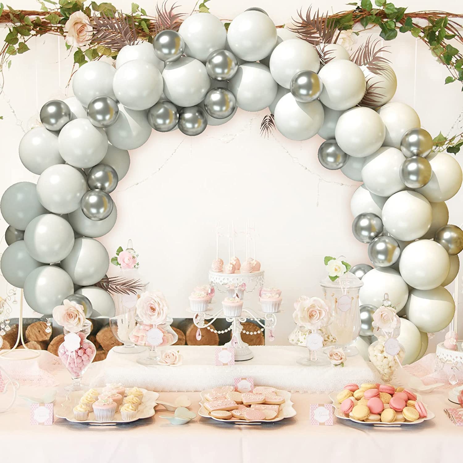 White Balloon Arch Garland Kit, 124 Pieces White Gold And Gold Confetti